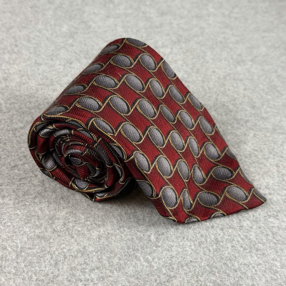Vintage J.Z. Richards Nordstrom Silk Tie Red Gray Geometric USA Handmade 62x3.9"